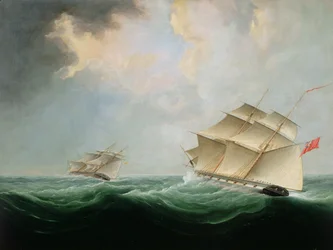 Een maritieme brik achtervolgt een andere brik